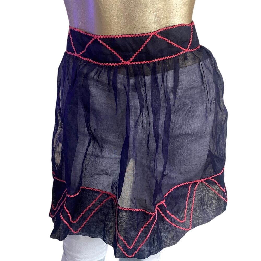 Vintage 1950s Sheer Navy Blue Apron with Pink Rickrack Trim